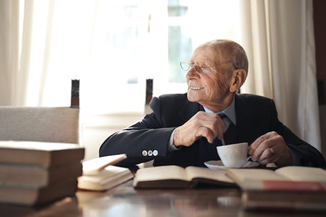 senior man drinking a cup of tea
